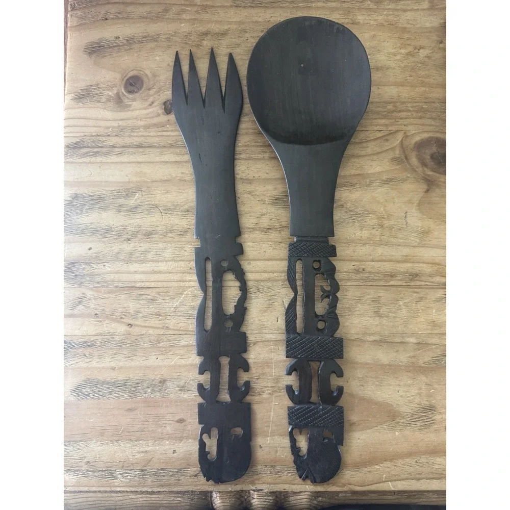 Large Vintage Tiki Hand Carved Wood Spoon Fork Set Polynesian Tribal 14